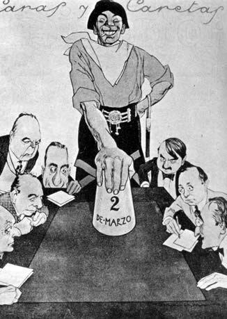 Caricatura alusiva a las elecciones de 1930, dibujo de Alvarez. En Caras y Caretas.